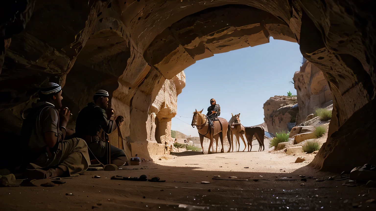 arabic 310 ad, medium zoom in angle. In a cave, 4 men and a guard dog are talking. ultra realistic hd