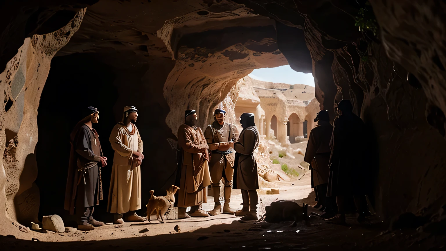 arabic 310 ad, medium zoom in angle. In a cave, 4 men and a guard dog are talking. ultra realistic hd