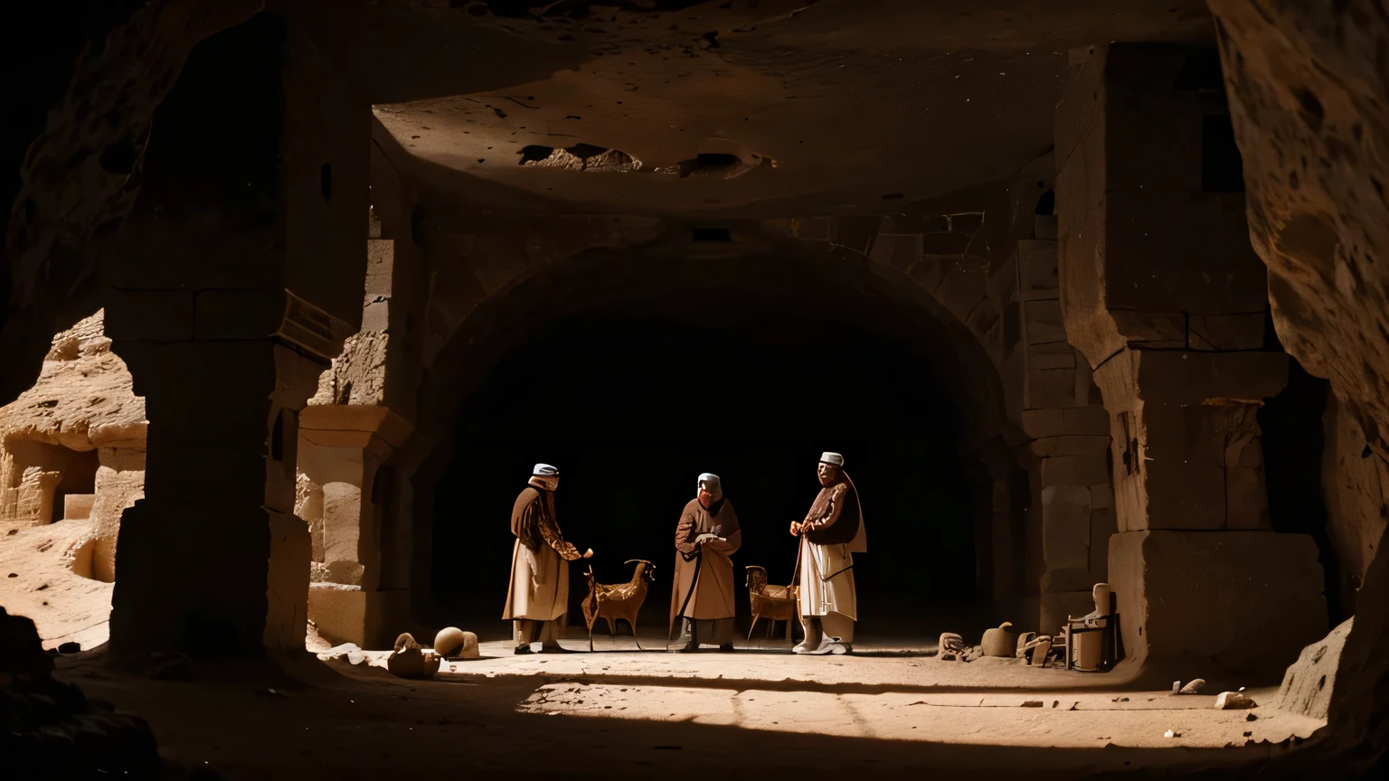 arabic 310 ad, medium zoom in angle. In a cave, 4 men and a guard dog are talking. ultra realistic hd

