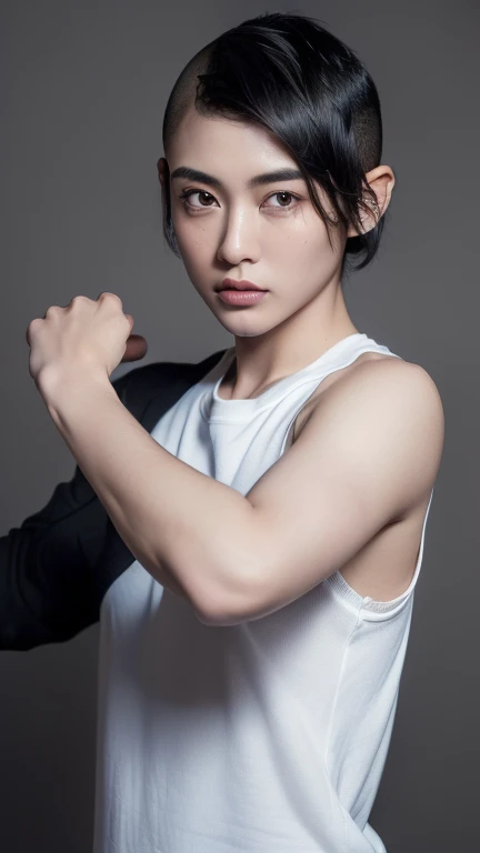 (highest quality, 8K,masterpiece, High resolution:1.4), (Realistic, RAW Photos:1.2), (Photographic images:1.4),(Real life action:1.3)(alone), (male:1.5), (Asian:1.7), Modeled, (good looking:1.3), (Big eyes:1.3 ),(dark blown eyes:1.2),Shoot from the front,(50 years old), (black hair:1.3), (short hair:1.2、The hair on the left side is shaved:1.3), (Black suit:1.3), Midnight,(office)