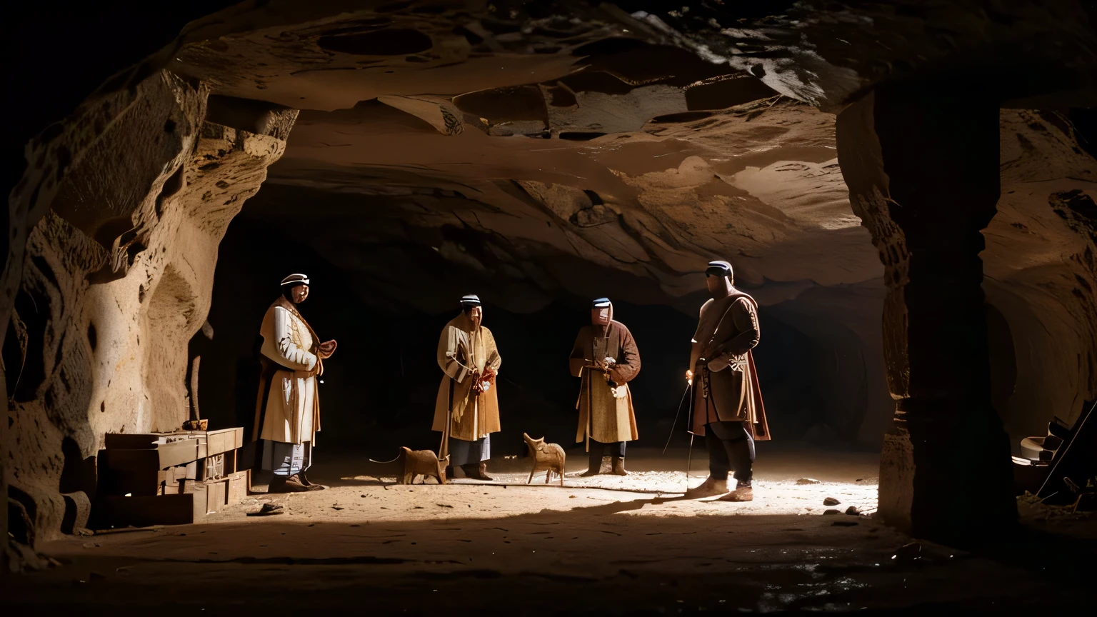 arabic 310 ad, medium zoom in angle. In a cave, 4 men and a guard dog are talking. ultra realistic hd
