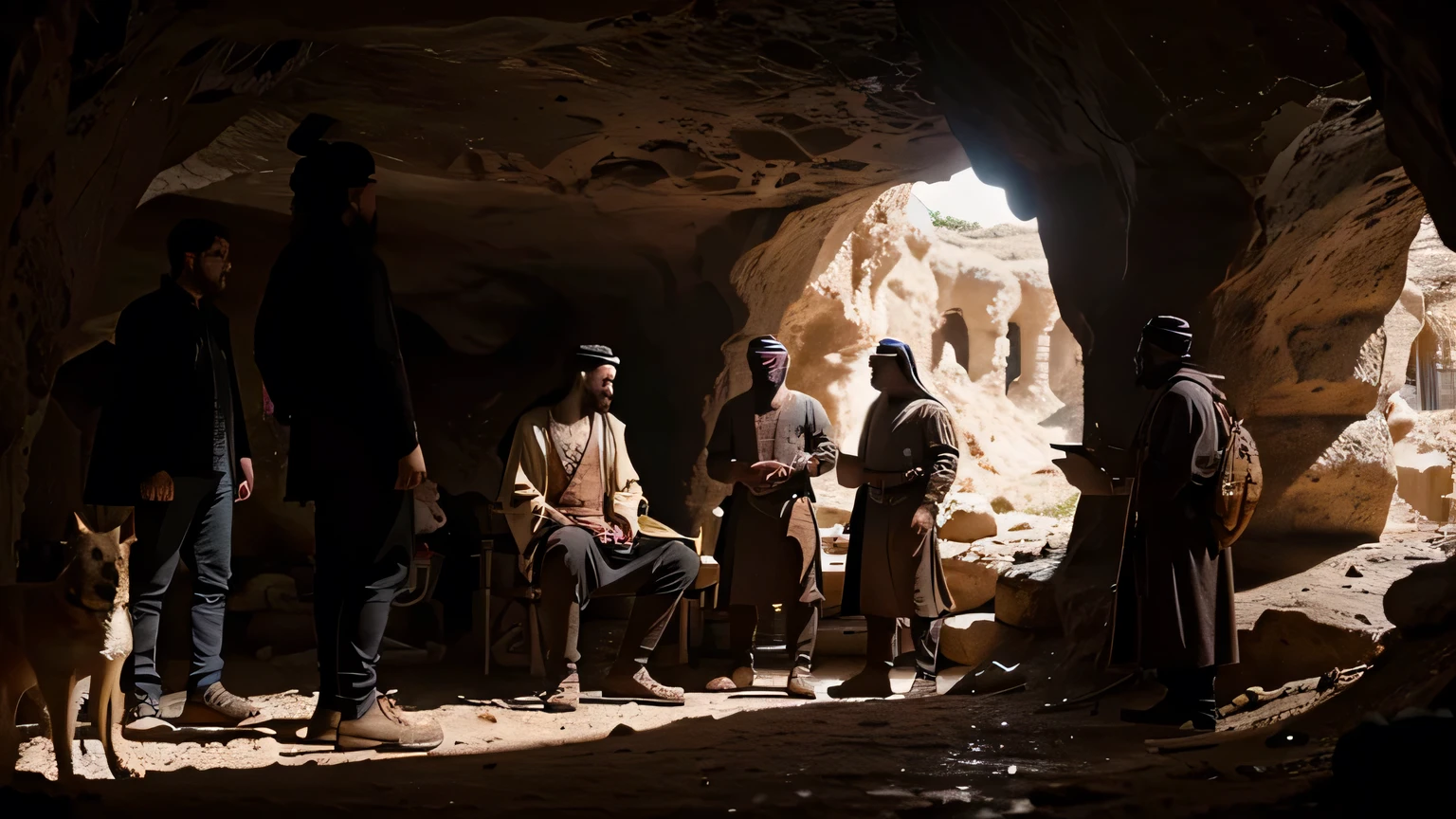 arabic 310 ad, medium zoom in angle. In a cave, 4 men and a guard dog are talking. ultra realistic hd