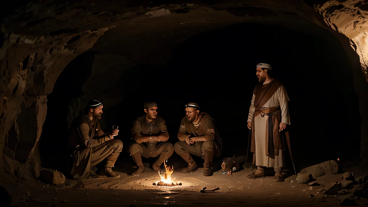 arabic 310 ad, medium zoom in angle. In a cave, 4 men and a guard dog are talking. ultra realistic hd