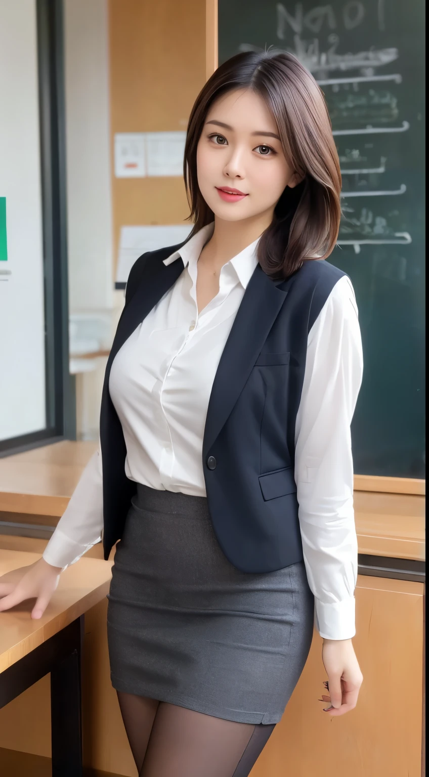 ulzzang-6500-v1.1, (RAW Photos:1.2), (Realistic), Beautiful detailed girl, (Genuine: 1.4), (masterpiece), (Mastepiece), Cinema Lighting, Shadow, digital official art, Ultra high definition body, Ultra detailed hair, Highly detailed face, 1 girl, alone,whole body,short hair, Black Hair, Iris, Red lips,Perfect Face, Perfect Eyes, Big droopy eyes are cute、 ((Narrow waist)),((very muscular and thick Thighs)),(Thighsの隙間),Navy Blue Blazer, (White shirt), Very short pencil skirt, Ultra-realistic pantyhose, Black high heels, bent, Big Breasts, Thighs, indoor, classroom, blackboard, blackboardの前で,((Are standing)),window, Day, (whole bodyショット:1.16)