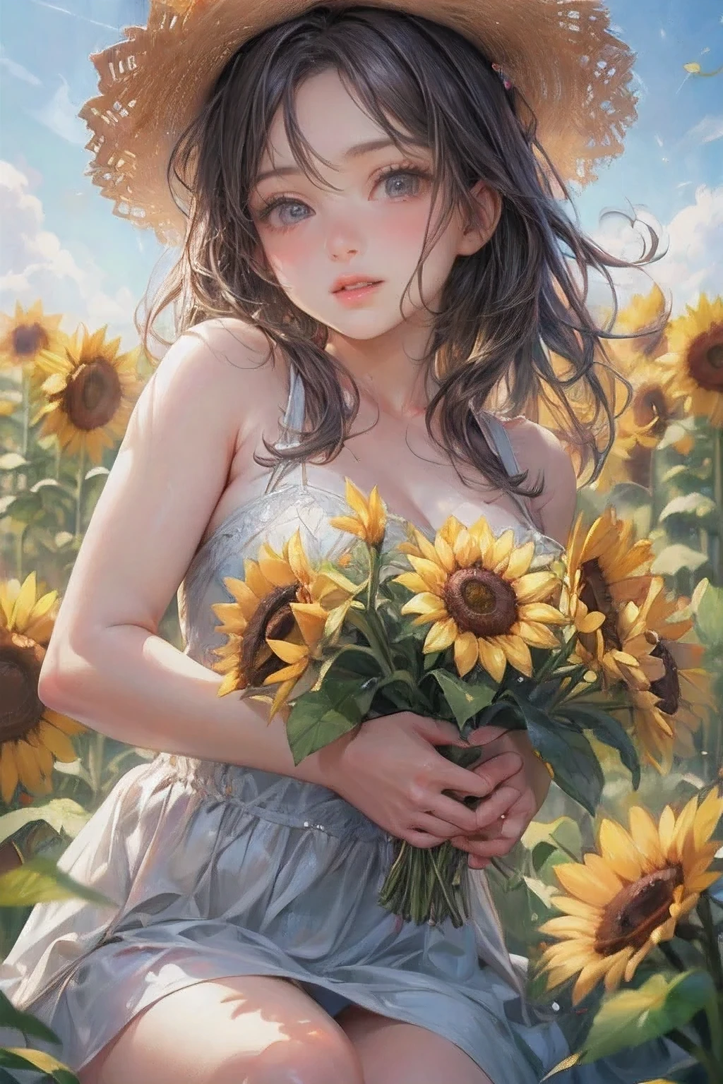 masterpiece:1.2, 8k, photorealistic:1.37, cute girl,  sparkling eyes, shining lips, beautiful detailed eyes, beautiful detailed lips, long eyelashes, flowing hair, joyful expression, vibrant dress, sitting on a grassy field, surrounded by colorful sunflowers:1.2, wearing a stylish hat, a warm and sunny day, soft natural lighting, vivid colors, medium: oil painting, ultra-detailed, realistic, bokeh, dynamic action,