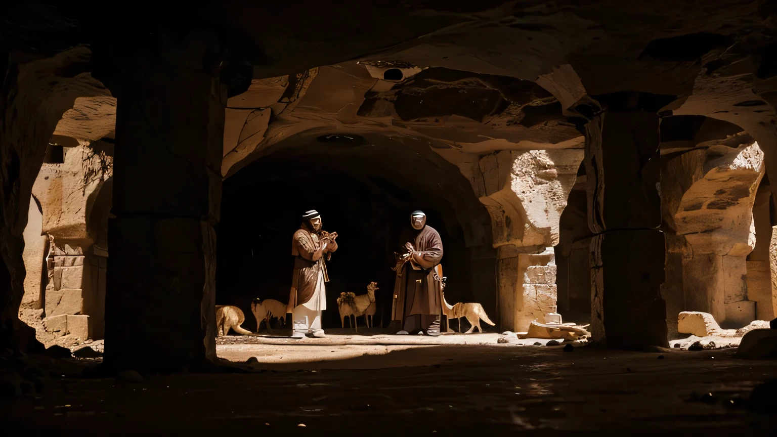 arabic 310 ad, In a cave, 4 men and a guard dog are talking. ultra realistic hd