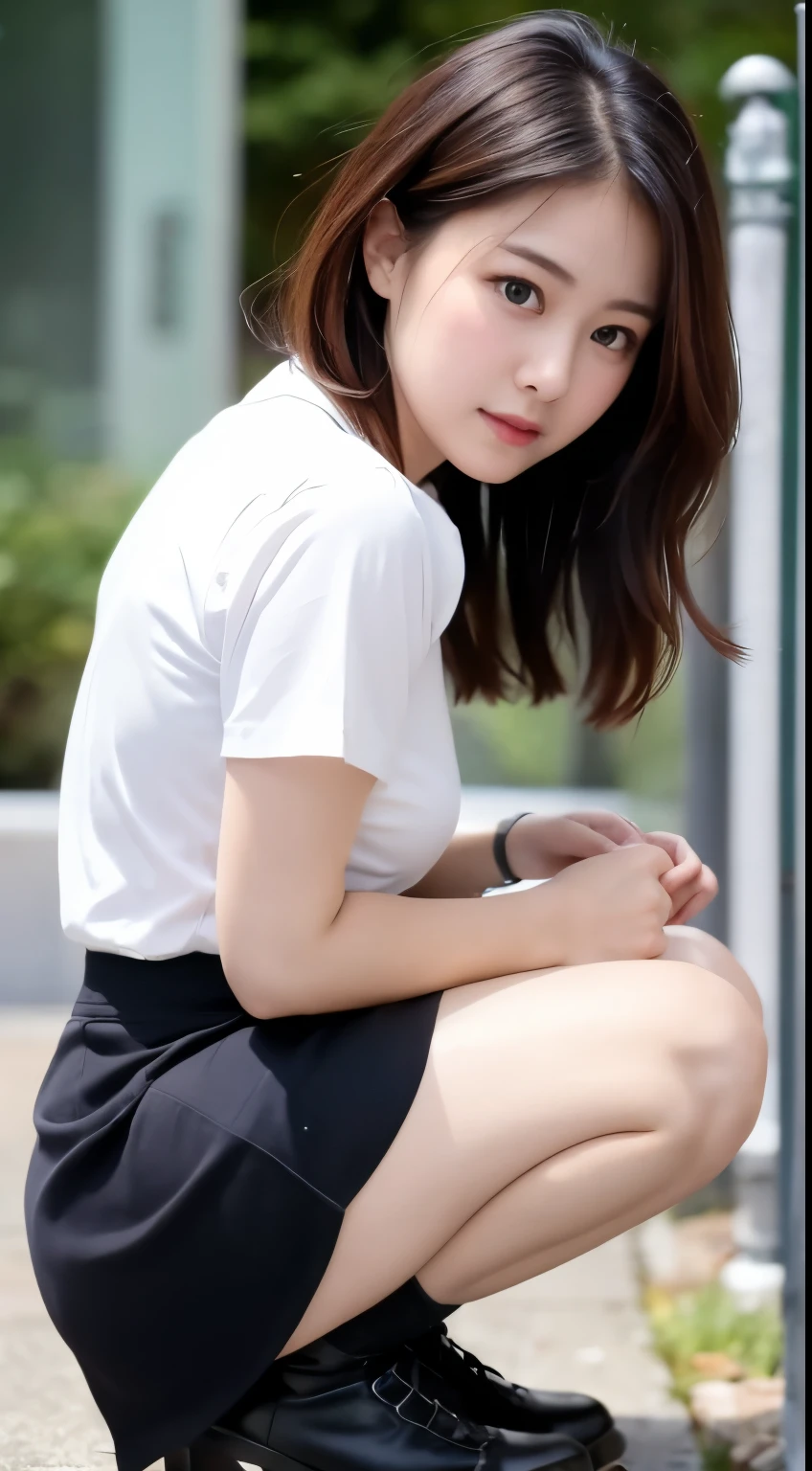 Crouching front shot、Crouch down to grab something that has fallen、Skirt and thighs、I can see her panties、