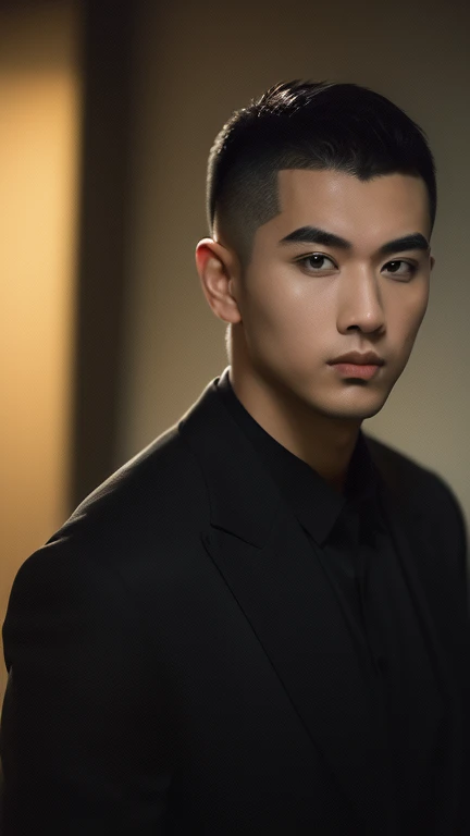 (highest quality, 8K,masterpiece, High resolution:1.4), (Realistic, RAW Photos:1.2),  (Photographic images:1.4),(Real life action:1.3)(alone), (male:1.5), (Asian:1.7), Modeled, (good looking:1.3), (Big eyes:1.3 ),(dark blown eyes:1.2),Shoot from the front,(50 years old), (black hair:1.3), (short hair:1.2、The hair on the left side is shaved:1.3), (Black suit:1.3), Midnight,(office)