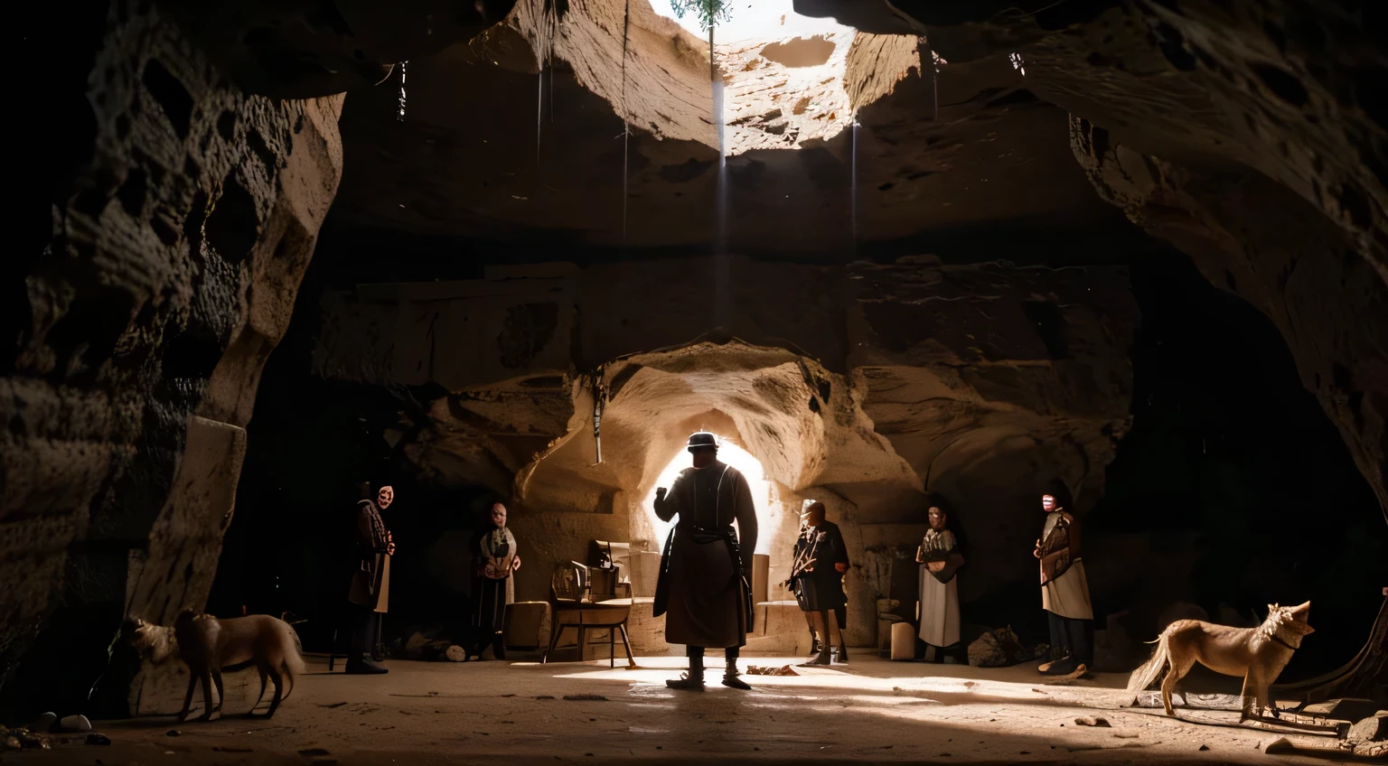 arabic 310 ad, In a cave, 4 men and a guard dog are talking. ultra realistic hd