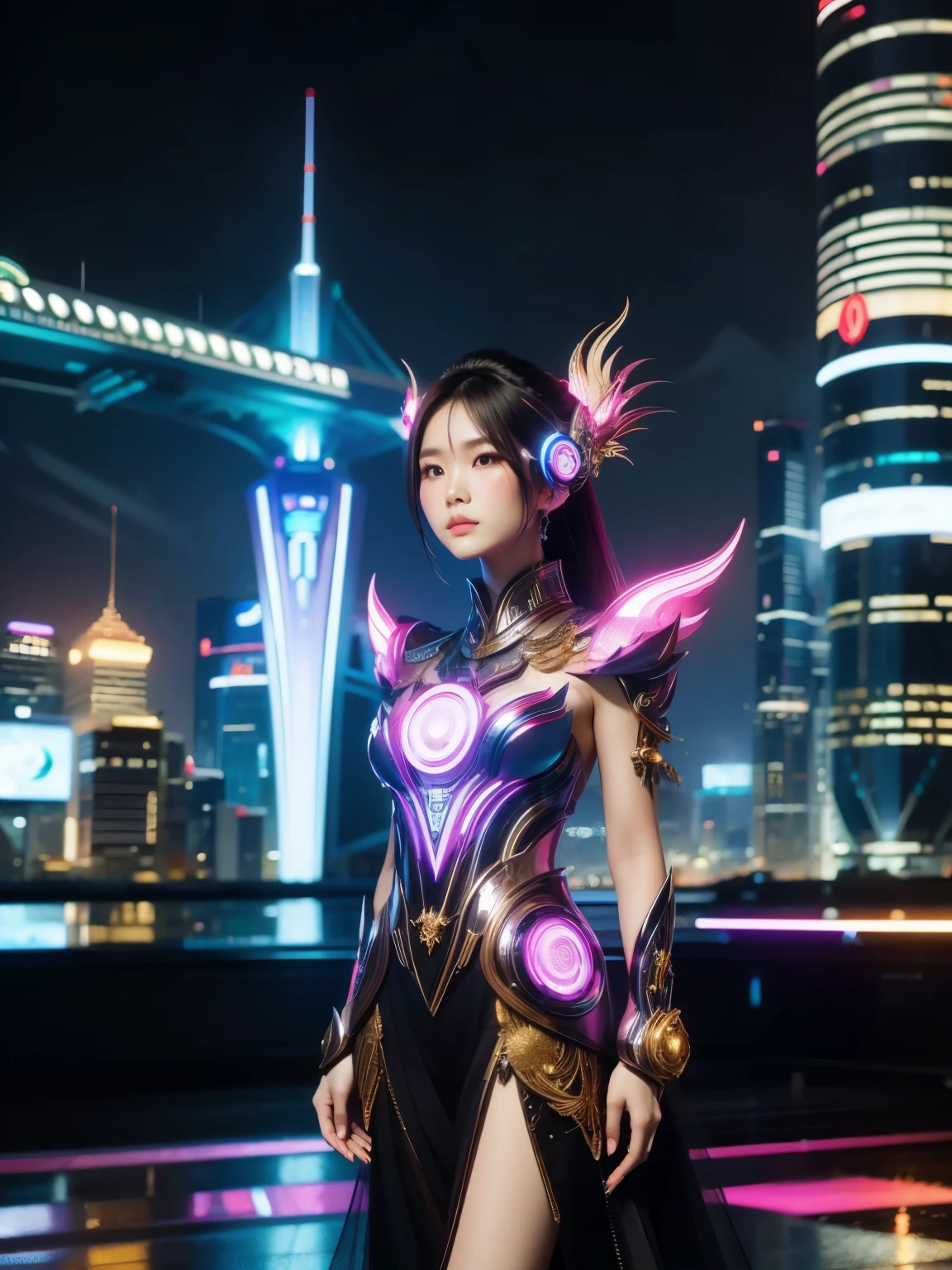 (high quality), (masterpiece), (detailed), 8K, Hyper-realistic digital illustration depicts a (Japanese woman1.3) wearing a (futuristic traditional Thai dress1.2) with (intricate gold embroidery1.2) inspired by Thai culture. Her (fantasy outfit1.2) is adorned with (glowing accents1.2) and (neon lights1.2), reflecting the modern and futuristic atmosphere. She stands amidst a (neon-lit cityscape1.2) with (holographic advertisements1.2) and (futuristic skyscrapers1.2), in style of Ash Thorp, trending on DeviantArt.