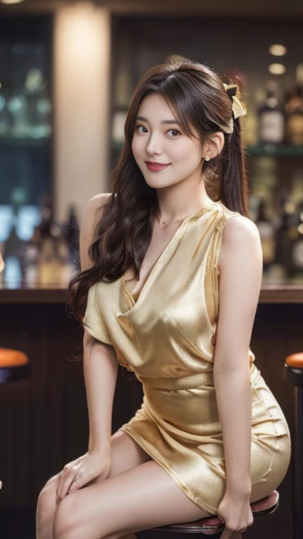 ((masterpiece)), (highest quality), 23 years old,Very detailed, finely, (High resolution), (8k), ((Perfect front viewcomposition)), (Natural color lip),(Side Ponytail:1.3),(((Sit facing forward at the bar))), Look at me and smile))),((silk gold short dress)),((From the whole body to the toes:1.3)),((Perfect front view)),((sitting on a bar stool)),((Model pose)),,((Big ribbon on thigh)),((Normal size buttocks)),,((Full and firm breasts)),(Look at me and smile),((Ample breasts))