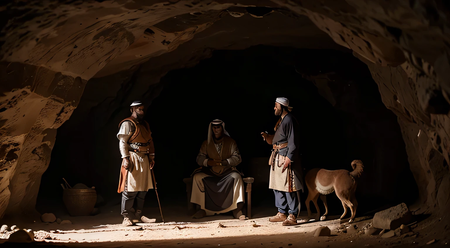 arabic 310 ad, In a cave, 4 men and a guard dog are talking. ultra realistic hd