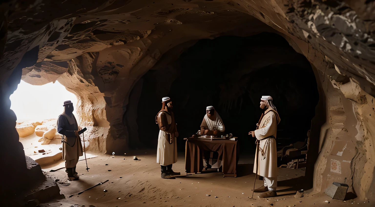 arabic 310 ad, In a cave, 4 men and a guard dog are talking. ultra realistic hd from above angel