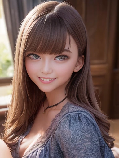 (highest quality,masterpiece:1.3,Ultra-high resolution),(Very detailed,Caustics),(Realistic:1.4,RAW shooting),1 girl,Medium breast,Flat bangs、Smiling and looking at the camera、Blurred Background、Woman wearing a black lace top, Mauve pink lace blouse, Denim mini skirt,Casual clothing style,Shot to the knee,