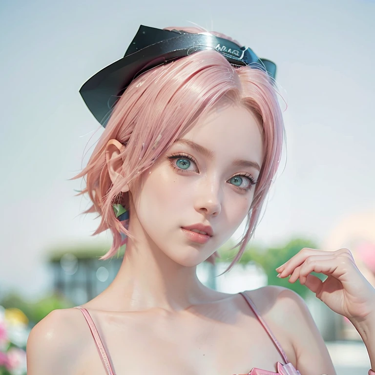 young woman, short shoulder-length pink hair, wide forehead, porcelain skin, pink eyebrows, big emerald green eyes, buttoned nose, full lips, heart-shaped face, slender body, small breasts, leather military green clothing, Sakura Haruno , realistic, Realism, details, 3d, well detailed.