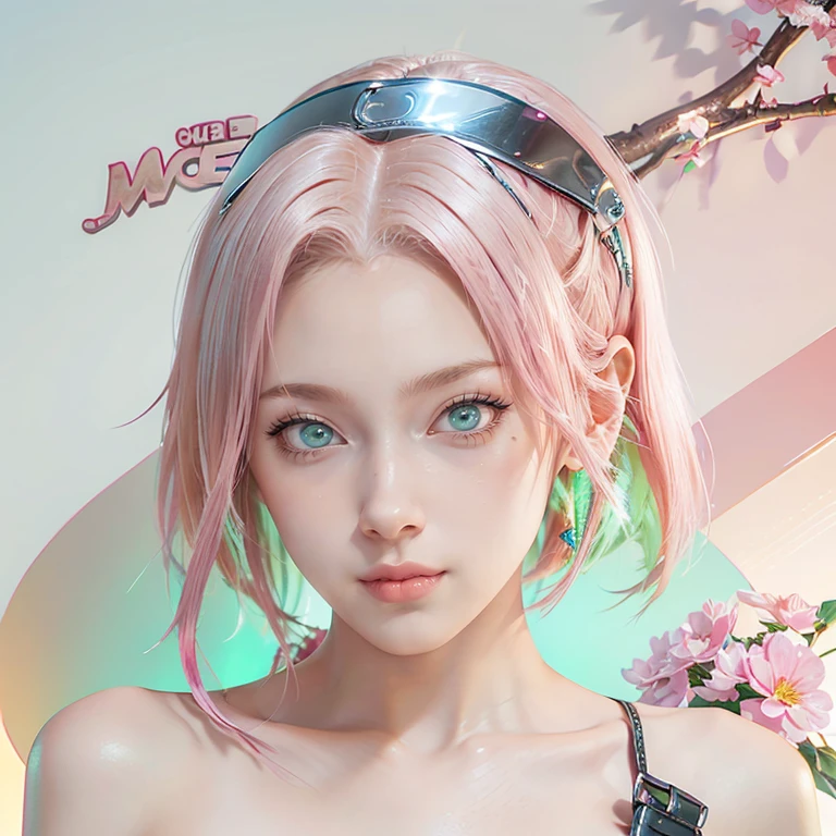 young woman, short shoulder-length pink hair, wide forehead, porcelain skin, pink eyebrows, big emerald green eyes, buttoned nose, full lips, heart-shaped face, slender body, small breasts, leather military green clothing, Sakura Haruno , realistic, Realism, details, 3d, well detailed.
