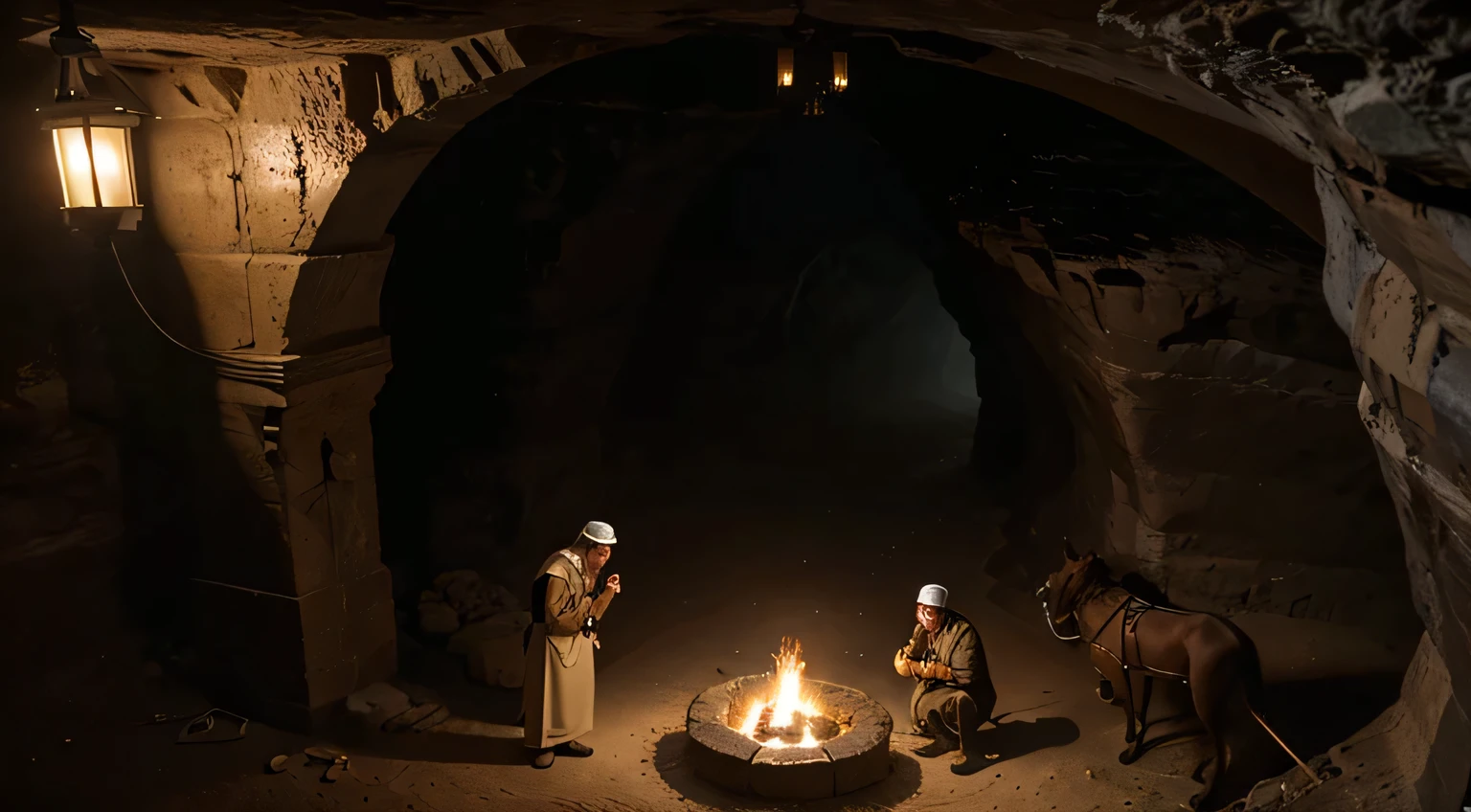 arabic 310 ad, In a cave, 4 men and a guard dog are talking. ultra realistic hd from above angel