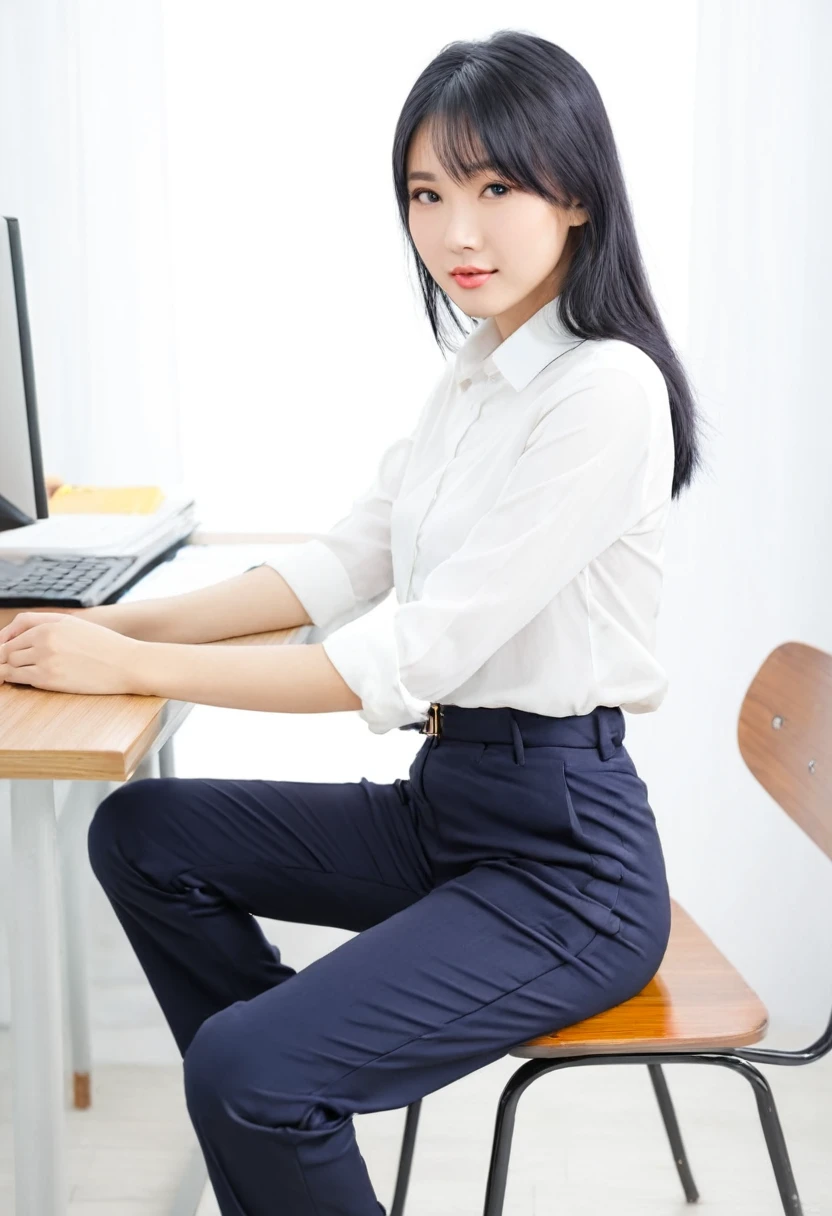 Black-haired girl, Asia, sitting at the desk, trousers