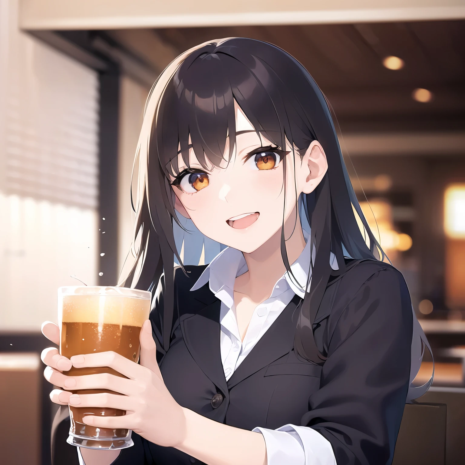 holding a beer, Upper Body, Realistic, real person, (pale skin: 1.2), RAW photo, photorealistic, portrait photography, shiny skin, shiny hair、(A 25-year-old woman with medium-length hair and bangs) and (wavy hair) and (brown hair) and (orange eyes) , (business suit) and (White shirt） 、grin, open mouth, The background is the interior of a restaurant at night.、Alone、Sitting