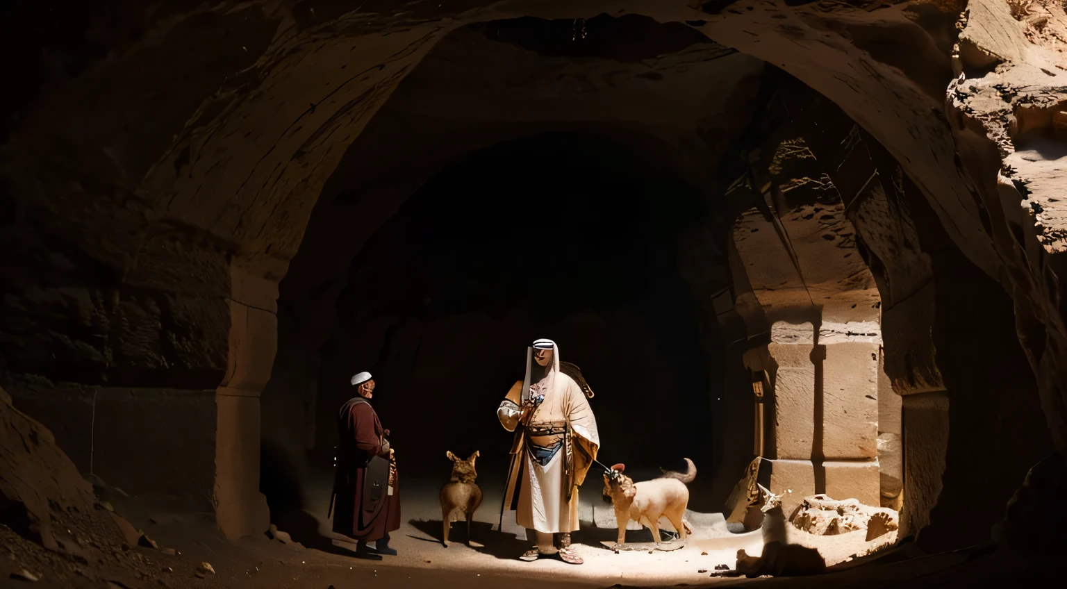 arabic 310 ad, In a cave, 4 men and a guard dog are talking. ultra realistic hd from above angel