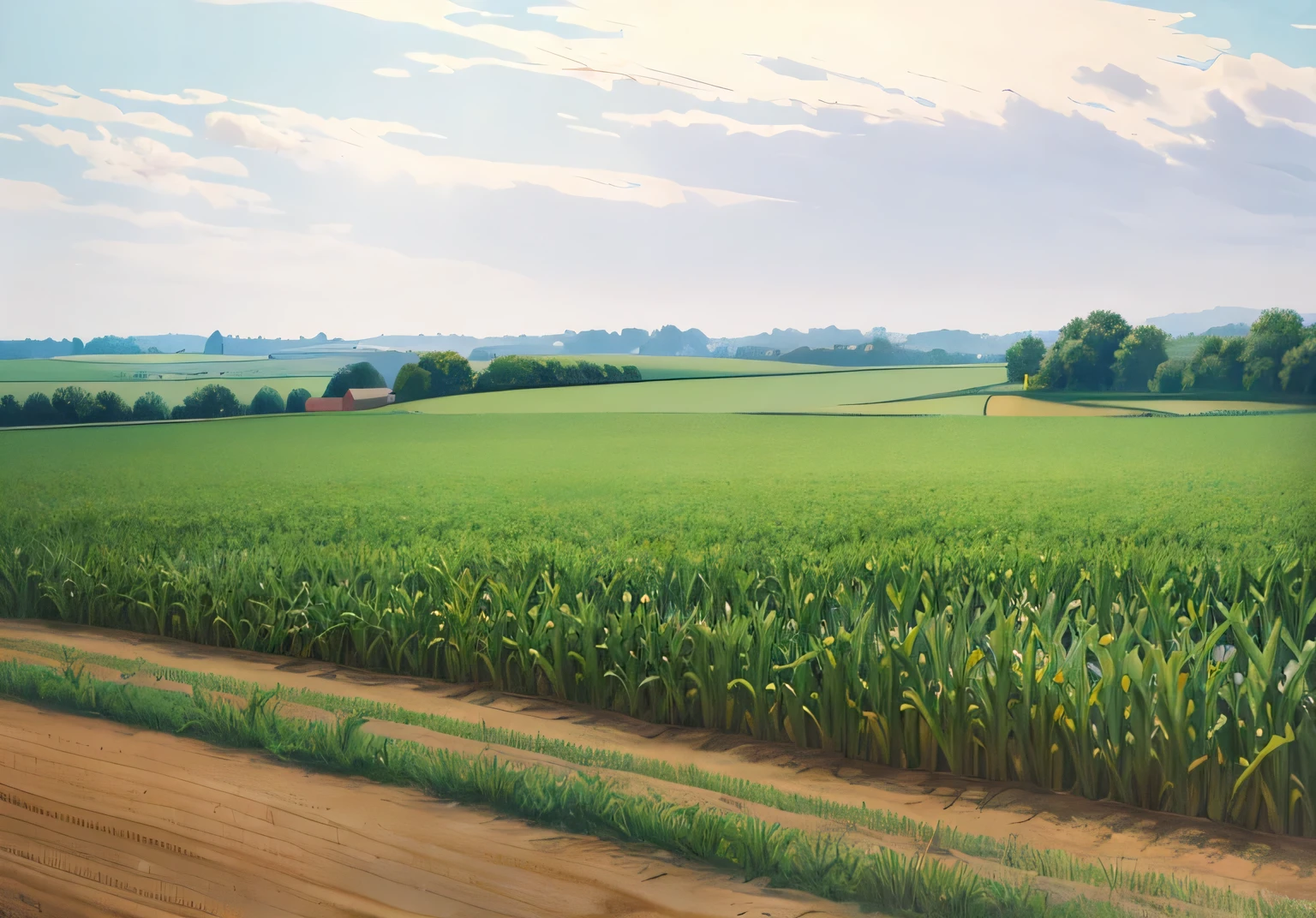 A field of corn,There is a field path in the lower right corner of the composition,farmland,Low Angle of View,Hyperrealistic style,unmanned,Realistic painting style