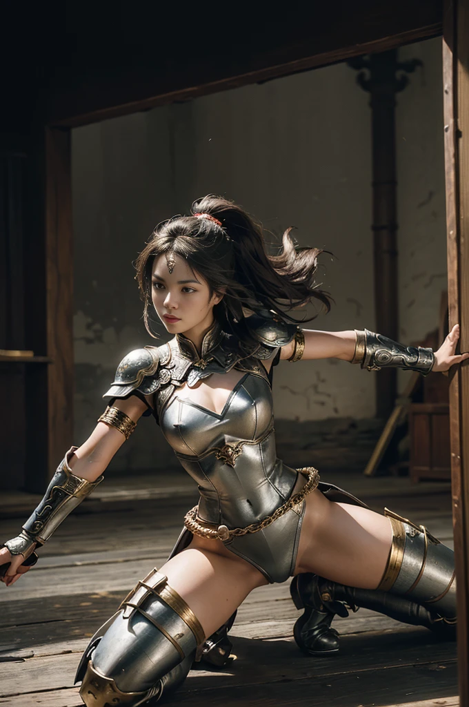 ((masterpiece)),highest quality, (8k, highest quality), Very detailed,Female gladiator in chain mail,Skin-revealing high-leg costume,(Dynamic fighting pose),(Contemptuous gaze),(Slowly spread your legs、Keep your center of gravity low, Like Chinese martial arts.)、,Very beautiful 24 year old girl, (cute:1.2),Medieval castle、((A powerful female warrior stabs the screen with a legendary long sword.))、Sulky smile、(Big eyes and a pretty face),The whole body is slightly soot-stained.