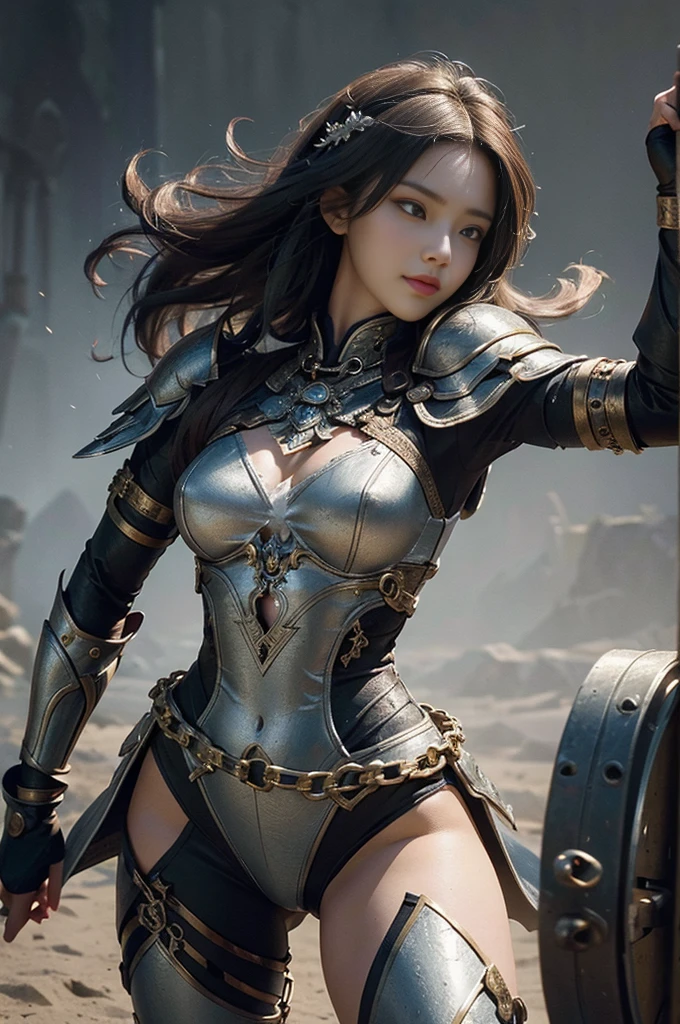 ((masterpiece)),highest quality, (8k, highest quality), Very detailed,Female gladiator in chain mail,Skin-revealing high-leg costume,(Dynamic fighting pose),(Contemptuous gaze),(Slowly spread your legs、Keep your center of gravity low, Like Chinese martial arts.)、,Very beautiful 24 year old girl, (cute:1.2),Medieval castle、((A powerful female warrior stabs the screen with a legendary long sword.))、Sulky smile、(Big eyes and a pretty face),The whole body is slightly soot-stained.