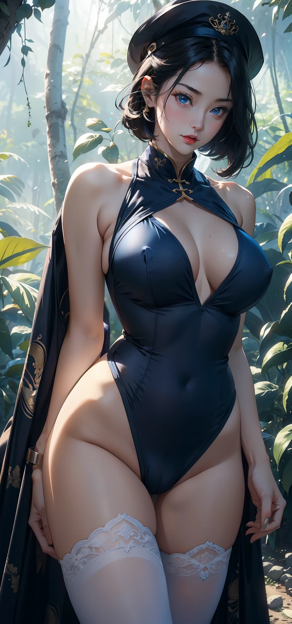 1 female,45 years old,Large Breasts,Long legs,Big breasts and thin waist, 照片曝Light,(background:In the woods,Rainforest,In the summer,Strong wind) She has short black hair,Bangs,Straight Hair,Red lips,stand up,Front view, OK, Gloomy sky,(((masterpiece),(Highly detailed CG Unity 8k wallpaper),最OK质量,Light,详细background,Beautiful blue eyes,(Very delicate and beautiful),(Beautiful and detailed description of the eyes),Super detailed,masterpiece,)),face camera,high resolution,Super detailed),Exposing breasts,Exposing genitals, Convex,Camel toe,Sexy bulge,Chinese Navy(wear:blue sailor suit,Sailor hat,White pantyhose)