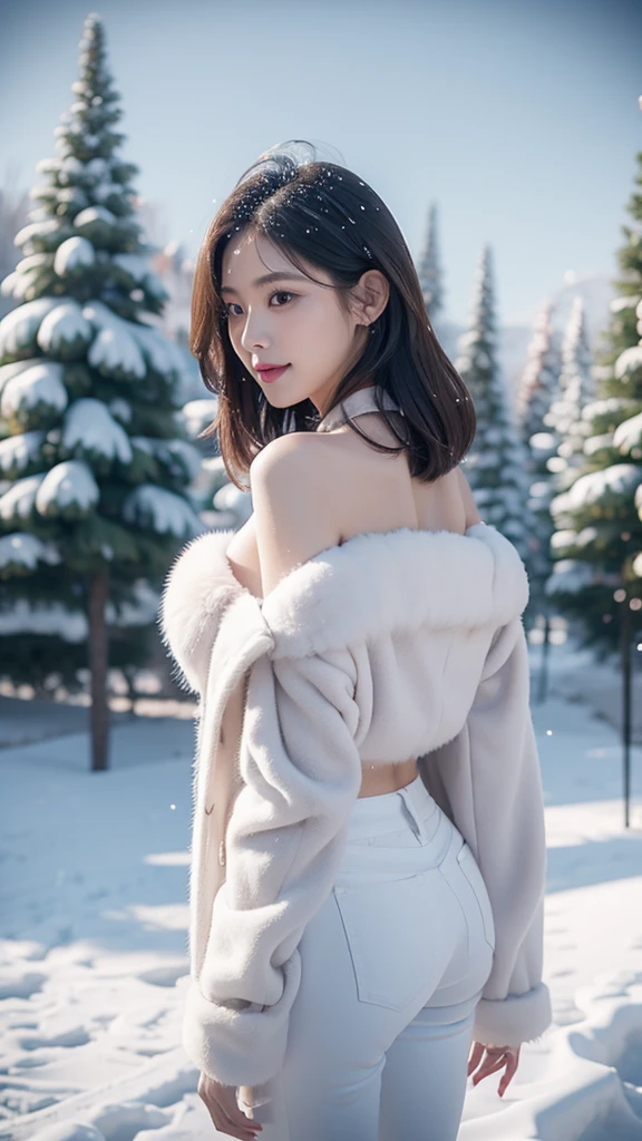 best quality, 4k, 8k, Detailed faces, clear face, a pretty girl, Korean makeup, pink lips,laugh, perfect body,shoulder length straight bob hair,middle breasts,thigh,slim,thin, The girl wears a wide white mink fur coat, Underneath the jacket was white sweater and skinny pants, Snowscape, winter, snow town,from back
