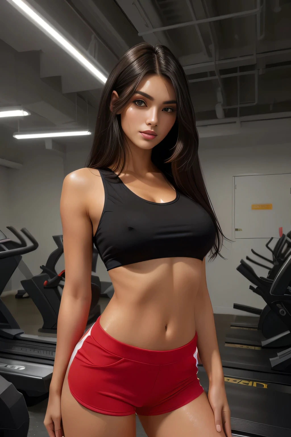 A beautiful light brunette woman, black hair, (ultra quality masterpiece) with toned body, 35 years old, 1.62 tall, 60 kg, poses gracefully for the camera, she is on a treadmill, best quality, wallpapers detailed Unity 32K CG, clean skin, medium length breasts, perfect face makeup, perfect mouth, perfect hands, (((black hair))), is standing, (full body) wearing red top (((red top)) )), short black shorts (((short black shorts)))), dark brown hair, short black shorts for gym training, in black, tanned body, sexy pose, shapely legs 3.6, well defined, high contrast, Ultra HD, photo taken from a high-tech camera, high-tech camera quality, high contrast, clean and glowing skin photography, lots of sweat on the body and face, 16K. She wears a tight red blouse that accentuates her slim waist and defined muscles, revealing well-sculpted arms and shoulders. Her naturally radiant skin glows in the HDR light and her piercing dark brown eyes glow with inner warmth and vitality. The vivid, hyper-detailed textures of her hair and clothing add depth and texture to the image, making it a captivating, ultra-realistic masterpiece.