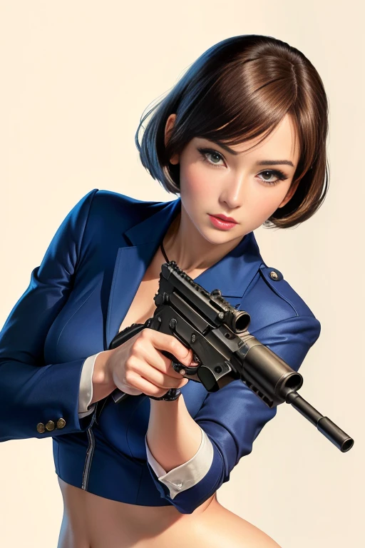 青いシャツを着てHolding a gunいる女性のクローズアップ, Spies in the 1960s, Bond Girl, Female Spy, Pulp Femme Fatale, Inspired by Janet Archer, 1 9 6 0 s art, With a pistol, Charming Jill Valentine, Classic Bond Iconic Shots, Ralph Goings, Holding a gun, by Edward Avedisian, Hold the ray gun