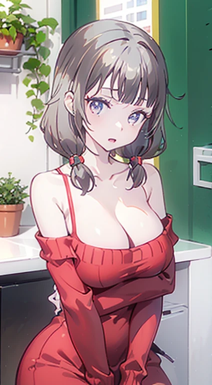 masterpiece, yor, 1girl, Bust A Cup, Amazing Cleavage:1.0, thin waist, big ass, Raised sexy, big breast: 1.2 posed cleavage:1.2、solo, looking at viewer, open mouth, black hair, red eyes, dress, bare shoulders, jewelry, collarbone, sidelocks, hairband, earrings, indoors, off shoulder, :o, sweater, arms behind back, plant, short hair with long locks, white hairband, off-shoulder dress, sweater dress, off-shoulder sweater, red sweater, big side hair, very long side hair,is rendered in (masterpiece: 1.2, best quality), with (ultra high resolution) and an exquisite (depth of field). This masterpiece is not only visually stunning but also tells
