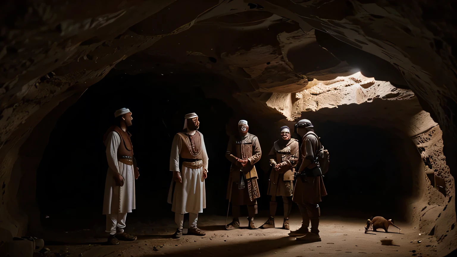 arabic 310 ad, In a cave, 4 men and a guard dog are talking. ultra realistic hd