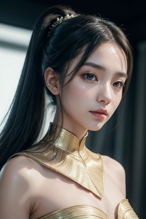 ((highest quality)), ((masterpiece)), (detailed), Perfect Face, Create a full-body digital portrait of an Asian AI woman featuring gentle, downturned eyes and hair styled in a high ponytail. Her facial structure should include a high-bridged nose and full, plump lips, complemented by a pronounced bust. The portrait should capture her in a sophisticated outfit that highlights her figure while embodying the fusion of traditional elegance and futuristic innovation. This AI woman should exude a sense of confidence and intelligence, representing the harmony between cultural heritage and the forefront of technological advancement