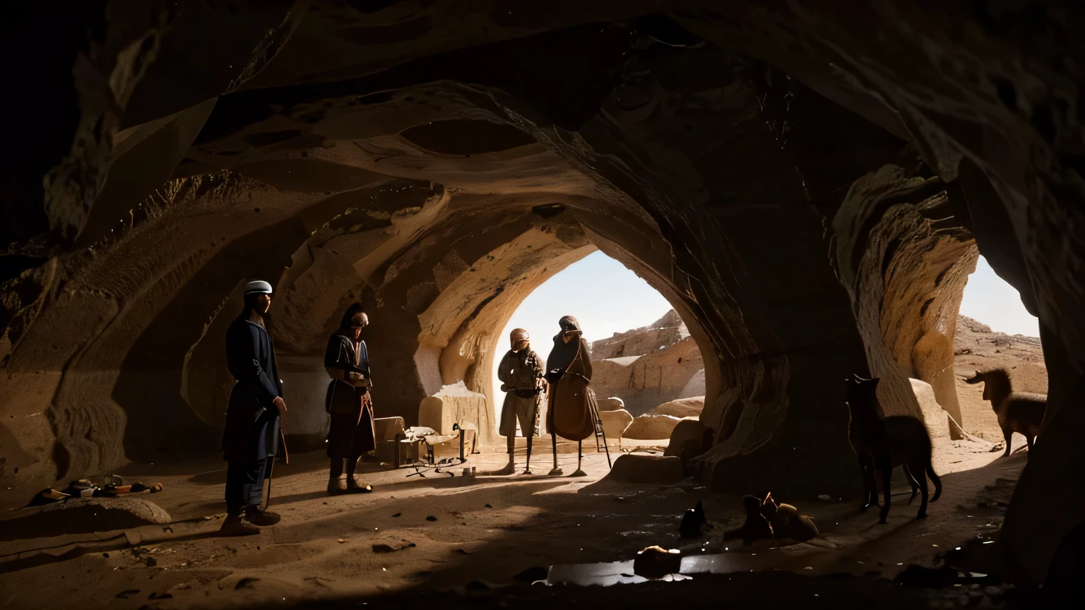 arabic 310 ad, In a cave, 4 men and a guard dog are talking. ultra realistic hd. high above angle, bird eye