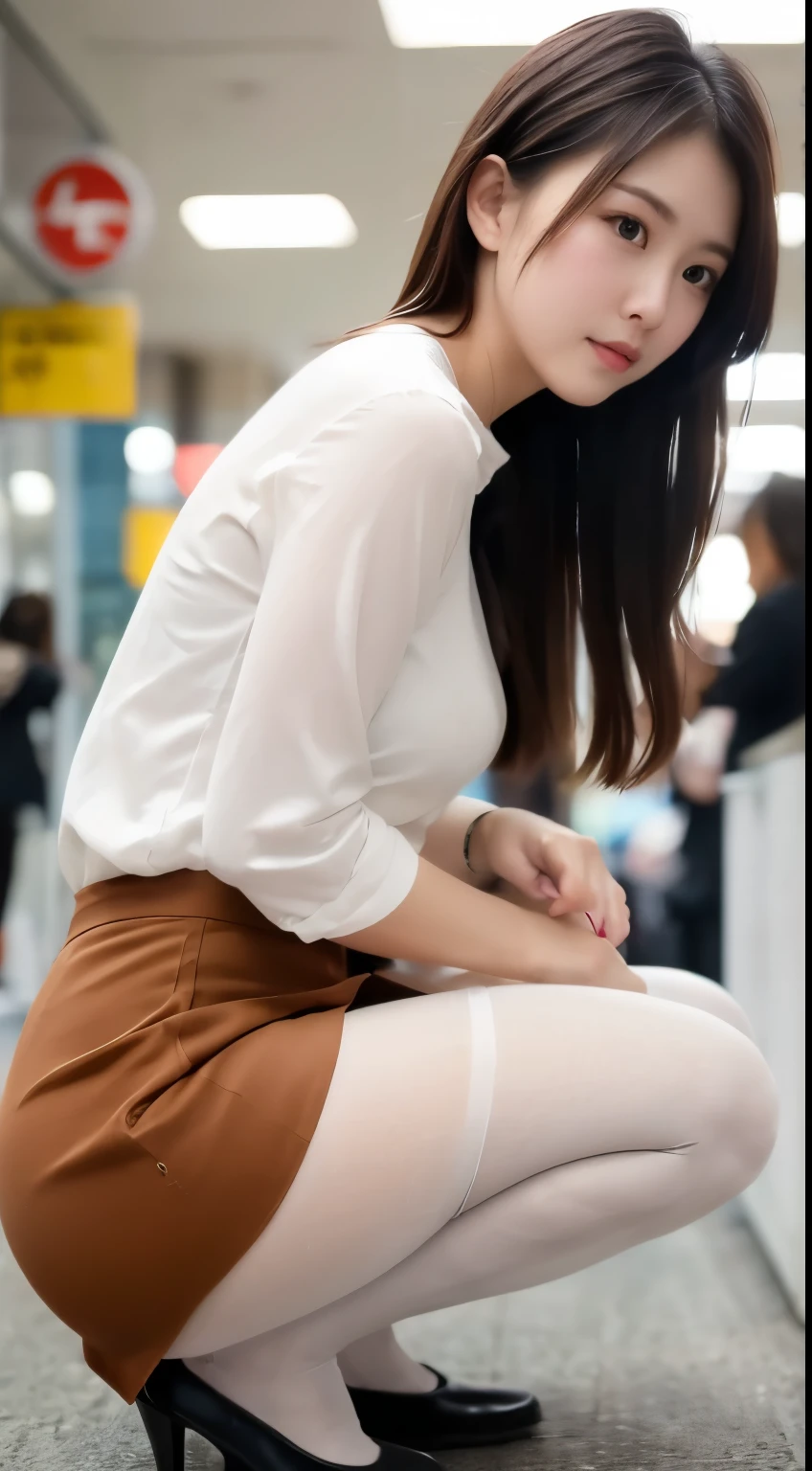 Crouching front shot、Crouch down to grab something that has fallen、Ultra-realistic pantyhose、Skirt and thighs、I can see her panties、