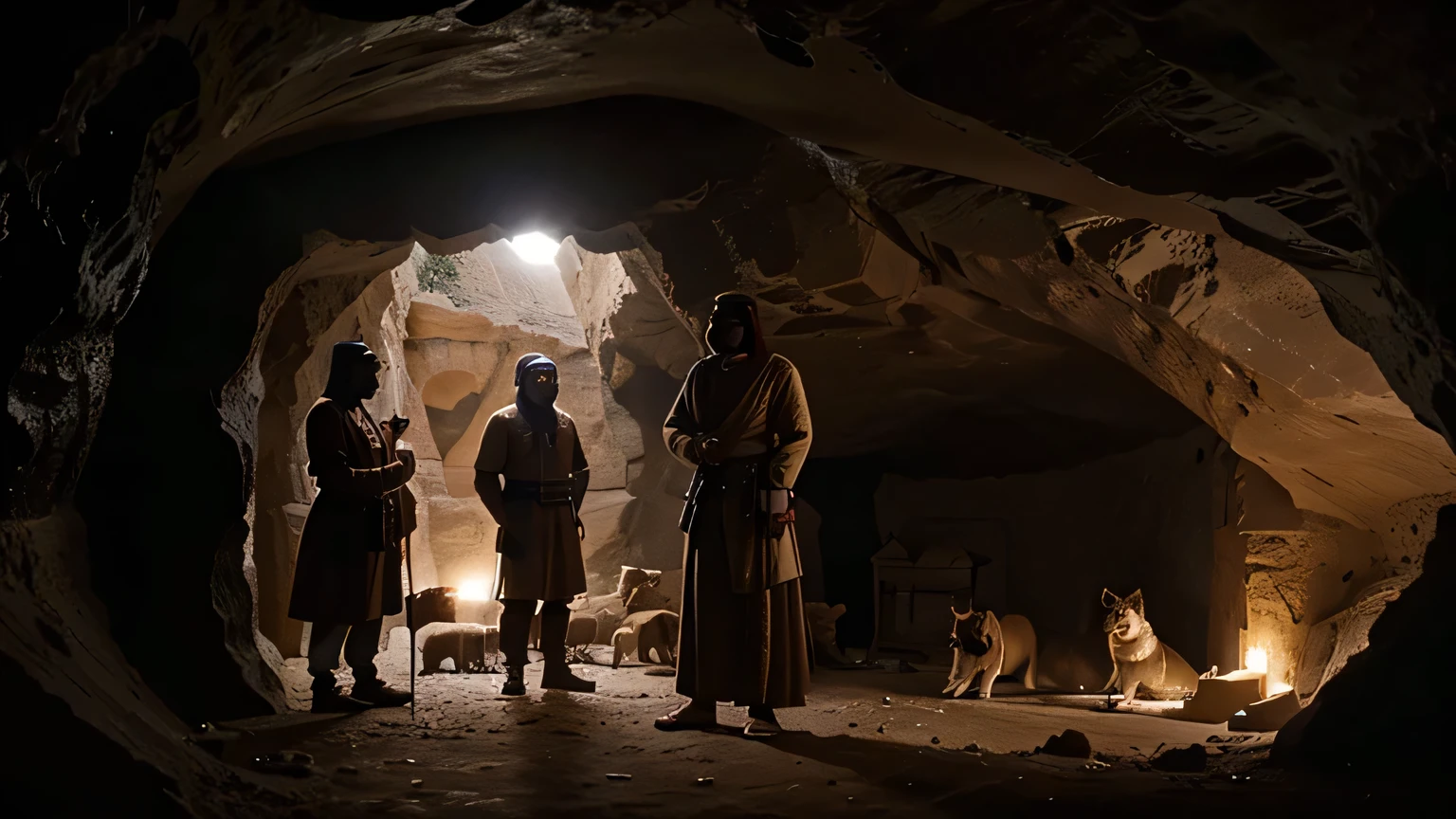 arabic 310 ad, In a cave, 4 men and a guard dog are talking. ultra realistic hd. high above angle