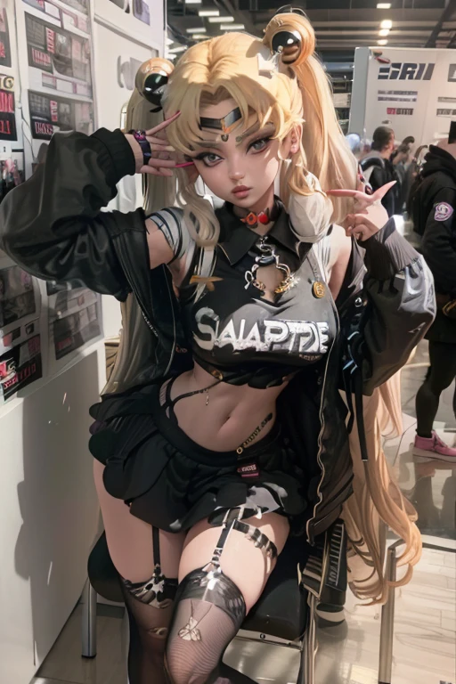 2024s photo shows a woman dressed like a modern goth rapper wearing Supreme black clothes, with a blonde woman dressed like Sailor Moon posing In funny while at the Comic Con