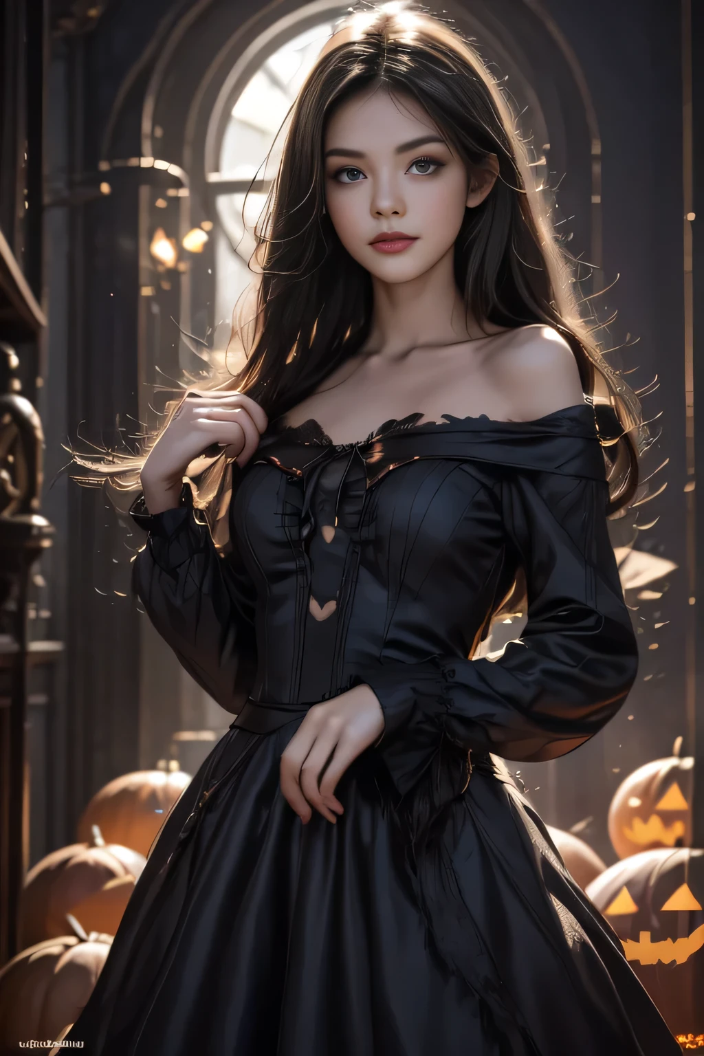 Black Hair, Hair shaking, victory, Long eyelashes, Solid round eye, A faint smile, ears red, direction, Surrealism, shadow, Relief, Stereogram, Standing picture, View, Atmospheric perspective, 8k, Super Detail, precise, best quality，multiple sclerosis. Arafai, Wearing a black dress, Standing in front of a row of carved pumpkins, halloween atmosphere, halloween night, in a halloween style, halloween theme, halloween art style, halloween, Terrible but charming, Beautiful witch spooky woman, Beautiful witch, halloween celebration, spooky halloween night, trick or treat, halloween scene, Beautiful witch, 