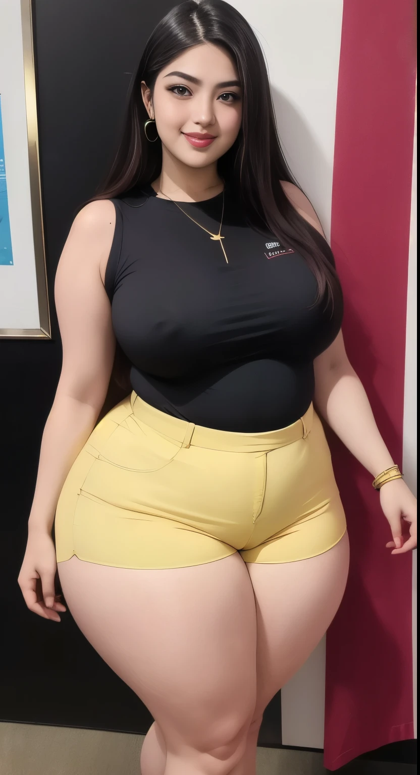 there is a woman in a black shirt and gold shorts posing for a photo, beautiful espesso female, grosso, quadris largos, espesso thighs, modelo plus size atraente, rubenesco, espesso legs, coxas grandes, mulher mais tamanho, quadris mais largos, espesso body, espesso, curvy hourglass figure, curvy model, Arab-Japanese goddess , beautiful curvy woman, slightly fat arms , usando 5 pulseira, usando colar de 3 diamantes 