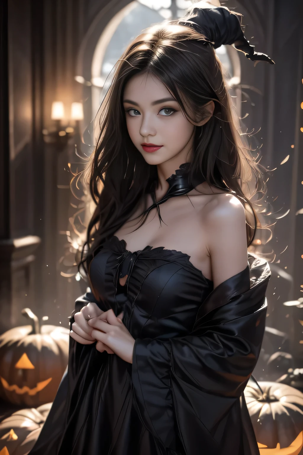 Black Hair, Hair shaking, victory, Long eyelashes, Solid round eye, A faint smile, ears red, direction, Surrealism, shadow, Relief, Stereogram, Standing picture, View, Atmospheric perspective, 8k, Super Detail, precise, best quality，multiple sclerosis. Arafai, Wearing a black dress, Standing in front of a row of carved pumpkins, halloween atmosphere, halloween night, in a halloween style, halloween theme, halloween art style, halloween, Terrible but charming, Beautiful witch spooky woman, Beautiful witch, halloween celebration, spooky halloween night, trick or treat, halloween scene, Beautiful witch, 