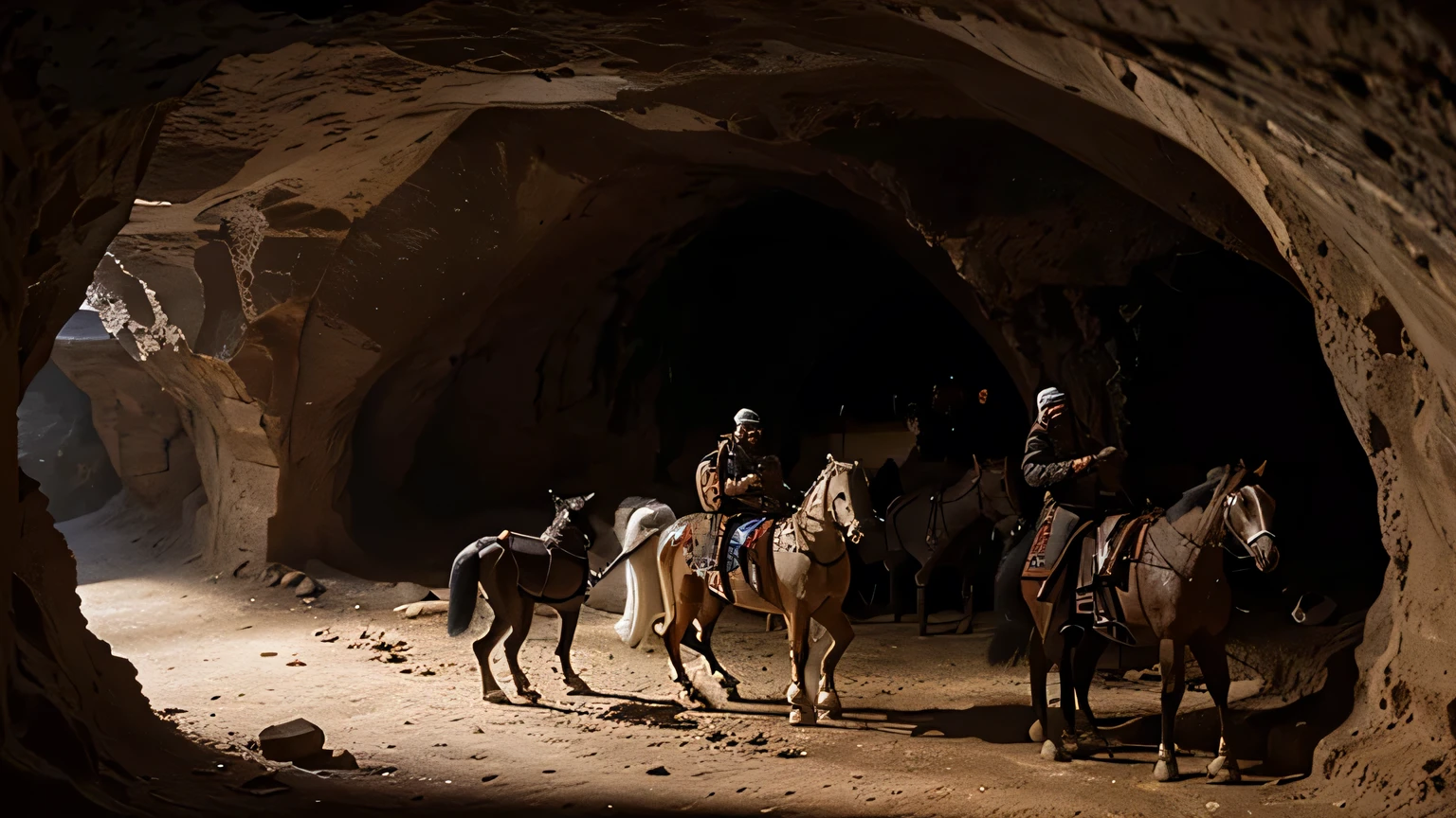 arabic 310 ad, In a cave, 4 men and a guard dog are talking. ultra realistic hd from above angel