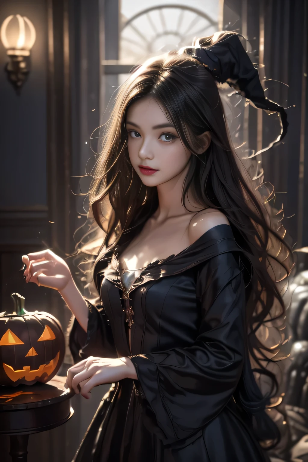 Black Hair, Hair shaking, victory, Long eyelashes, Solid round eye, A faint smile, ears red, direction, Surrealism, shadow, Relief, Stereogram, Standing picture, View, Atmospheric perspective, 8k, Super Detail, precise, best quality,multiple sclerosis. Arafai, Wearing a black dress, Standing in front of a row of carved pumpkins, halloween atmosphere, halloween night, in a halloween style, halloween theme, halloween art style, halloween, Terrible but charming, Beautiful witch spooky woman, Beautiful witch, halloween celebration, spooky halloween night, trick or treat, halloween scene, Beautiful witch,