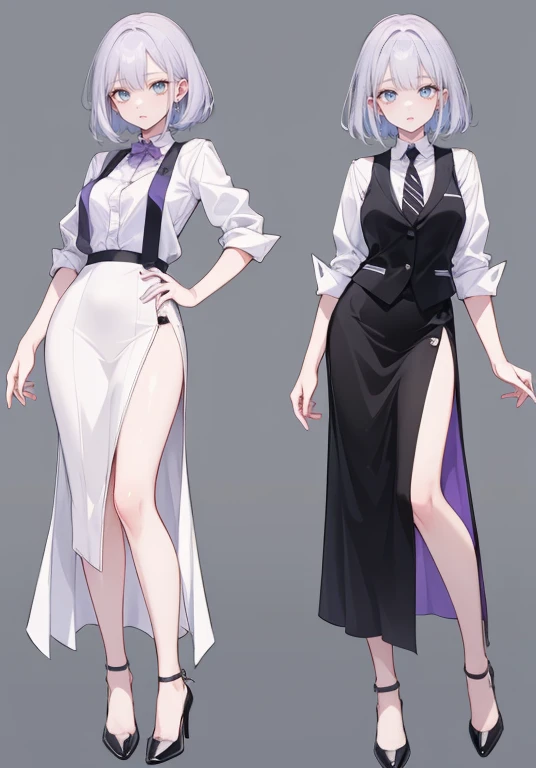 ((Perfect Face)),Purple Hair,High Layer Cut,Adult female,bartender,suit,Black vest,((Shirt with rolled up sleeves)),tie,skirt,slit,High heels,,((Simple Background)),smile,((Full Body)),((full body)),Portraits,virtual,upright,,Both arms are down,upright,