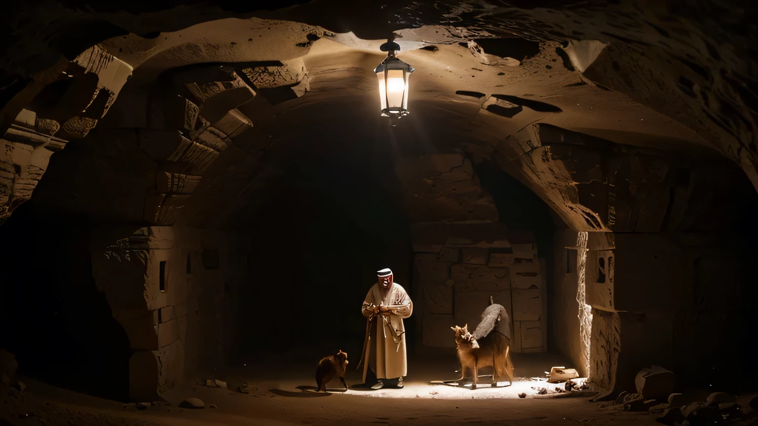 arabic 310 ad, In a cave, 4 men and a guard dog are talking. ultra realistic hd from above angel