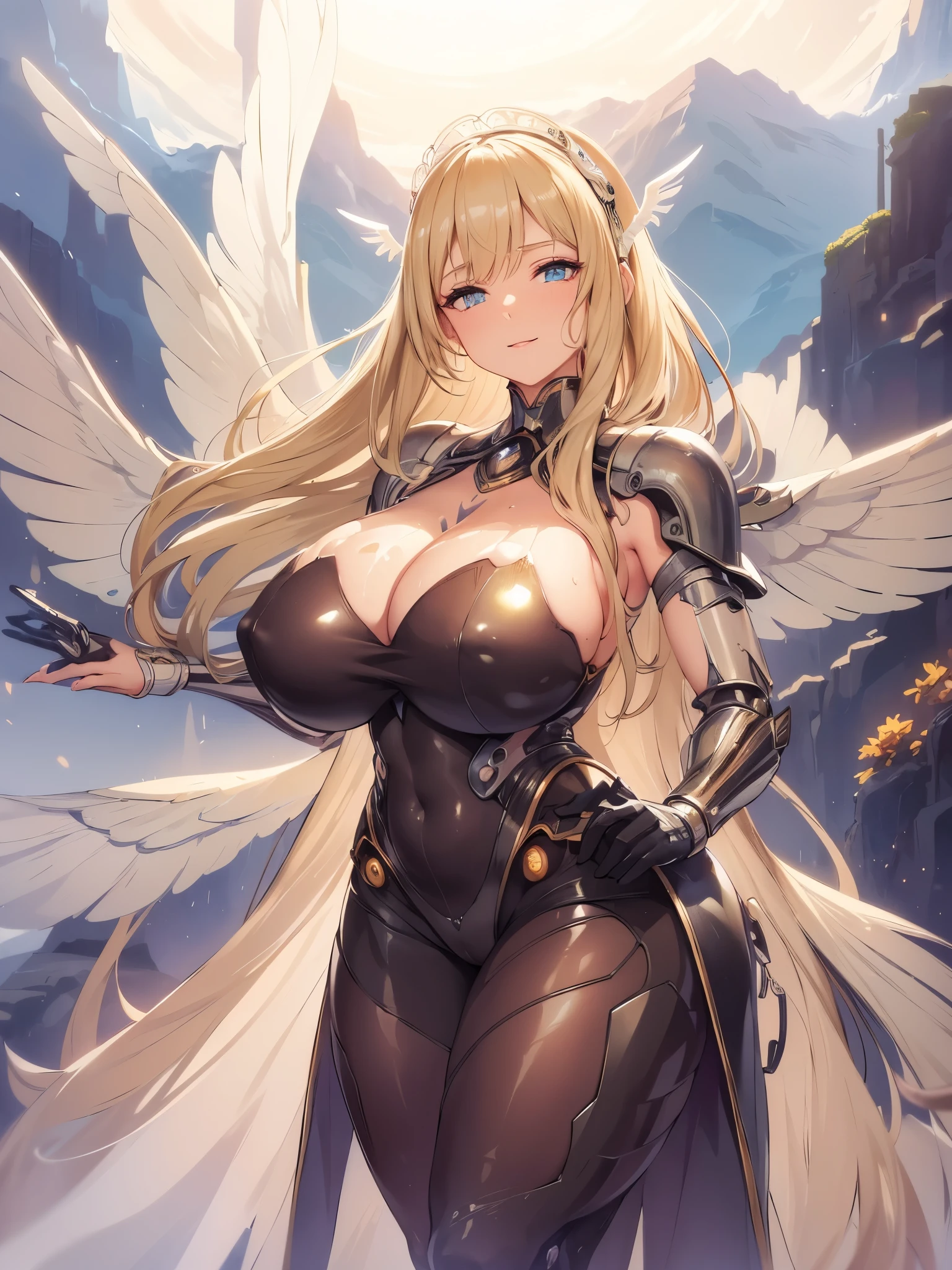 (((masterpiece))), (((best quality))), ((ultra-detailed)), (illustration), ((an extremely delicate and beautiful)), ((super detail)), ((high resolution)), (((20 years old))), metallic cloth, (maid), (android), ((mechanical wings)), delicate metal decorations, gleaming skin, shiny body, two legs, breast focus, (((tall))), slender legs, ((big round eyes)), cute eyes, drooping eyes, ((adult)), two hands, five fingers, no extra hands, elegant smile, braid, medium length hair, ((metallic)), (see-through), (dark blonde), (ultra-huge breasts), safe for watch, (shining brightly), outdoor, afternoon, shining sun, ((biopunk)),