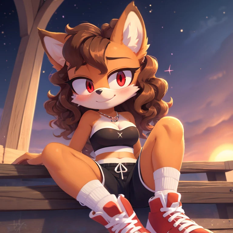 mobian, hedgehog, two-tone fur ((orange fur, brown fur)), pyjama elastic shorts, strapless crop top, cleavage, high-top sneakers, two-tone hair (brown hair, black tip)), curly hair, halo, sunglasses, jewelry, red eyes, longeyelashes, red eyes, smile, shy, blush, high detail, masterpiece, UHD, anatomically correct, super detail, highres, 4K