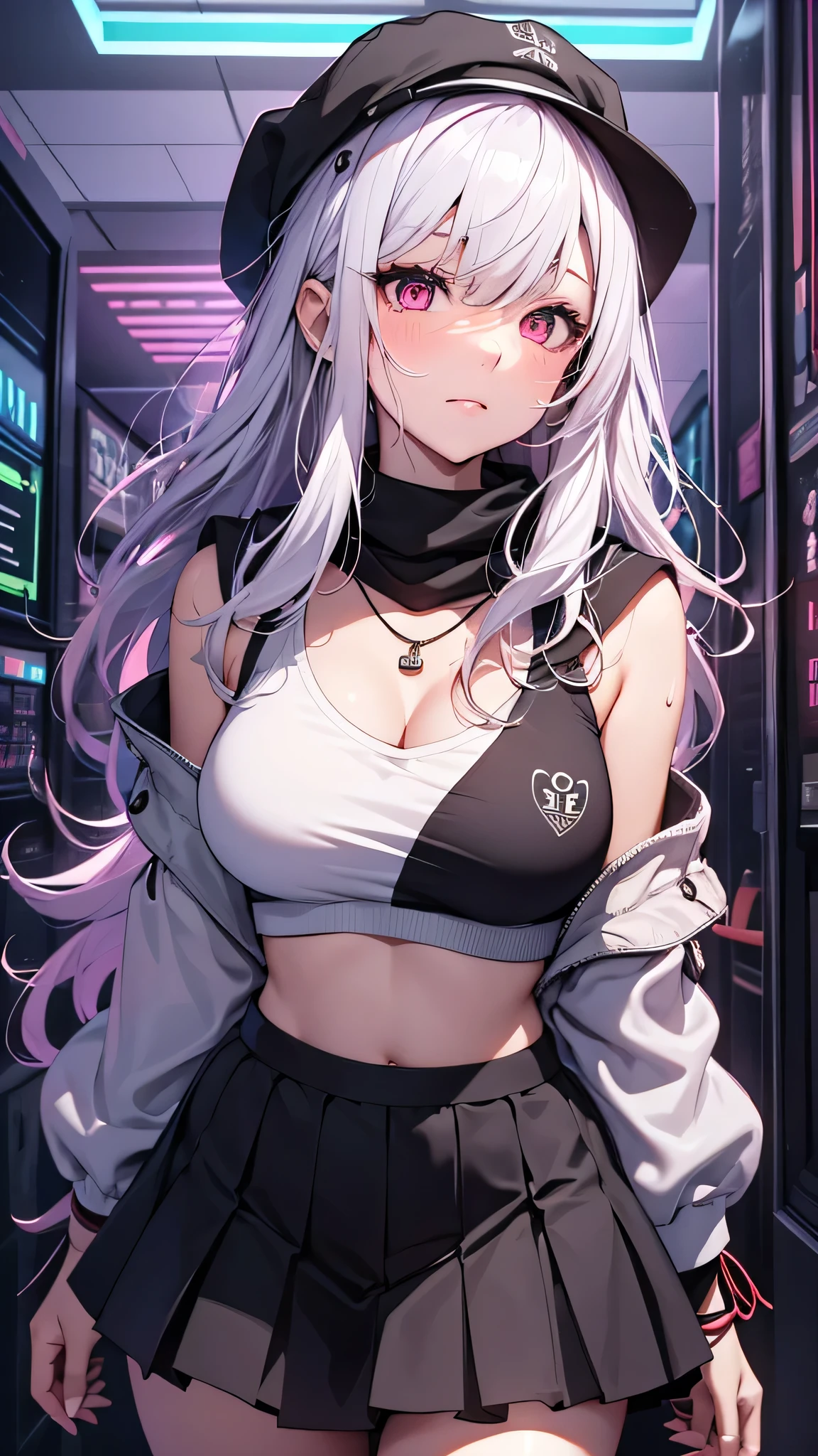 最high quality、best image quality、masterpiece、girl((20-year-old、 By becoming、vest bust、medium bust,wide open breast tea、shining eyes, silver hair、long hair、thin,highest valley、black sports bra、black sports pants、shoulder tattoo,diamond earrings、Wristband、black jacket、necklace、cool pose)),high quality、beautiful art、background((Virtual space、neon lighting、neon light、Live feeling))、Flight、debris flies、Depth of written boundary、movie、visual art、perfect art、8K,genuine、Dynamic Performance