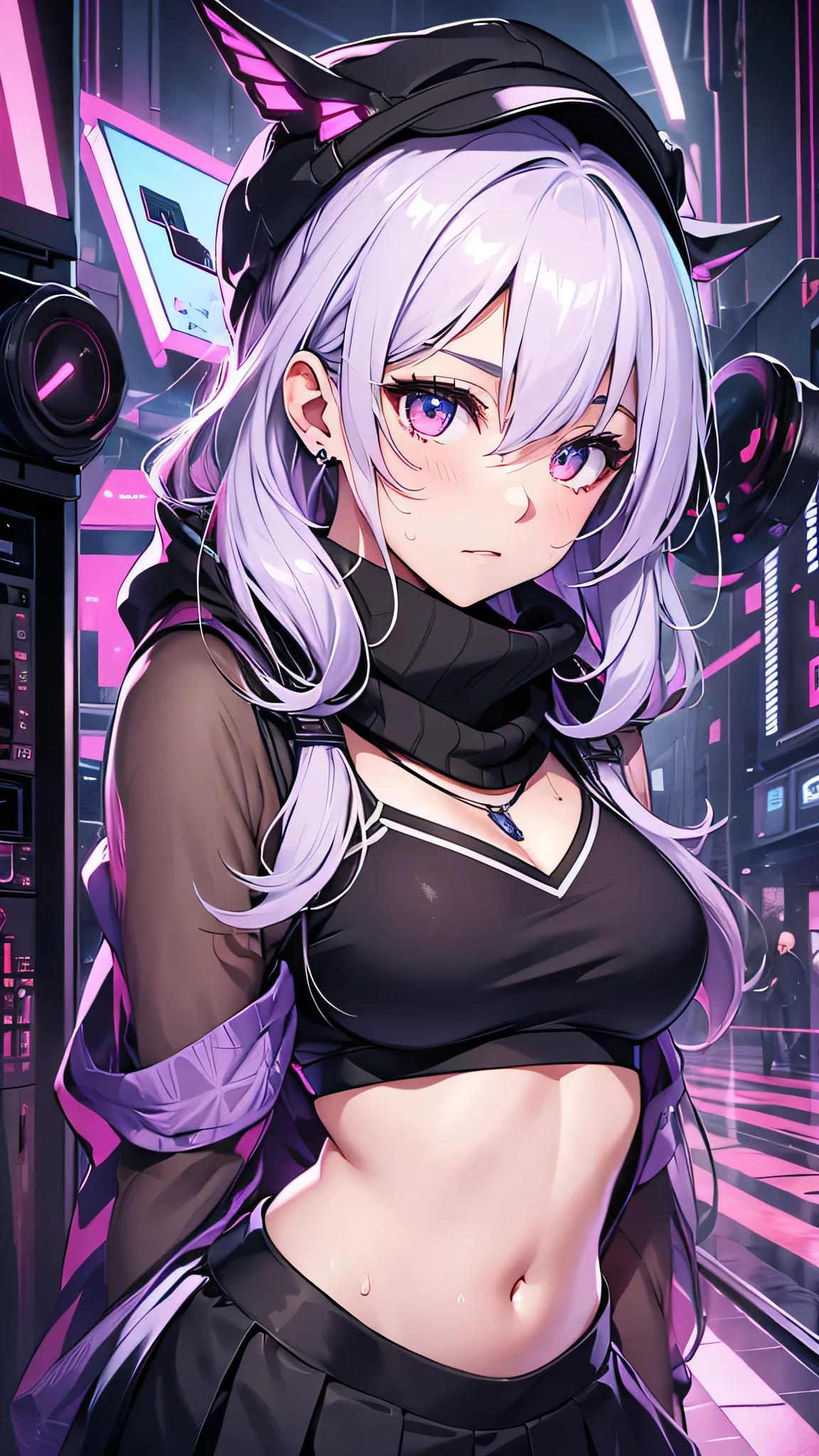 最high quality、Best image quality、masterpiece、girl((18-year-old、 By becoming、Best Bust、Medium Bust,Wide open breast tea、Red glowing eyes,Silver Hair、Disheveled Hair、Long Hair、thin,The highest valley、Open chest、Luminous Wristbands、hat、hair ornaments、luminous necklace、Black sleeveless hoodie(1:2)、Blue short skirt、Disheveled clothing、Show the whole body,Low - Angle、Hacker-like、sweating、lure、Black cute mask、Leaning against a wall、Black scarf、Have a smartphone)),high quality、Beautiful art、background((Neon Light、Neon interior at night))、Flight、Flying debris、Written boundary depth、movie、Visual Arts、Perfect art、8K,Genuine、