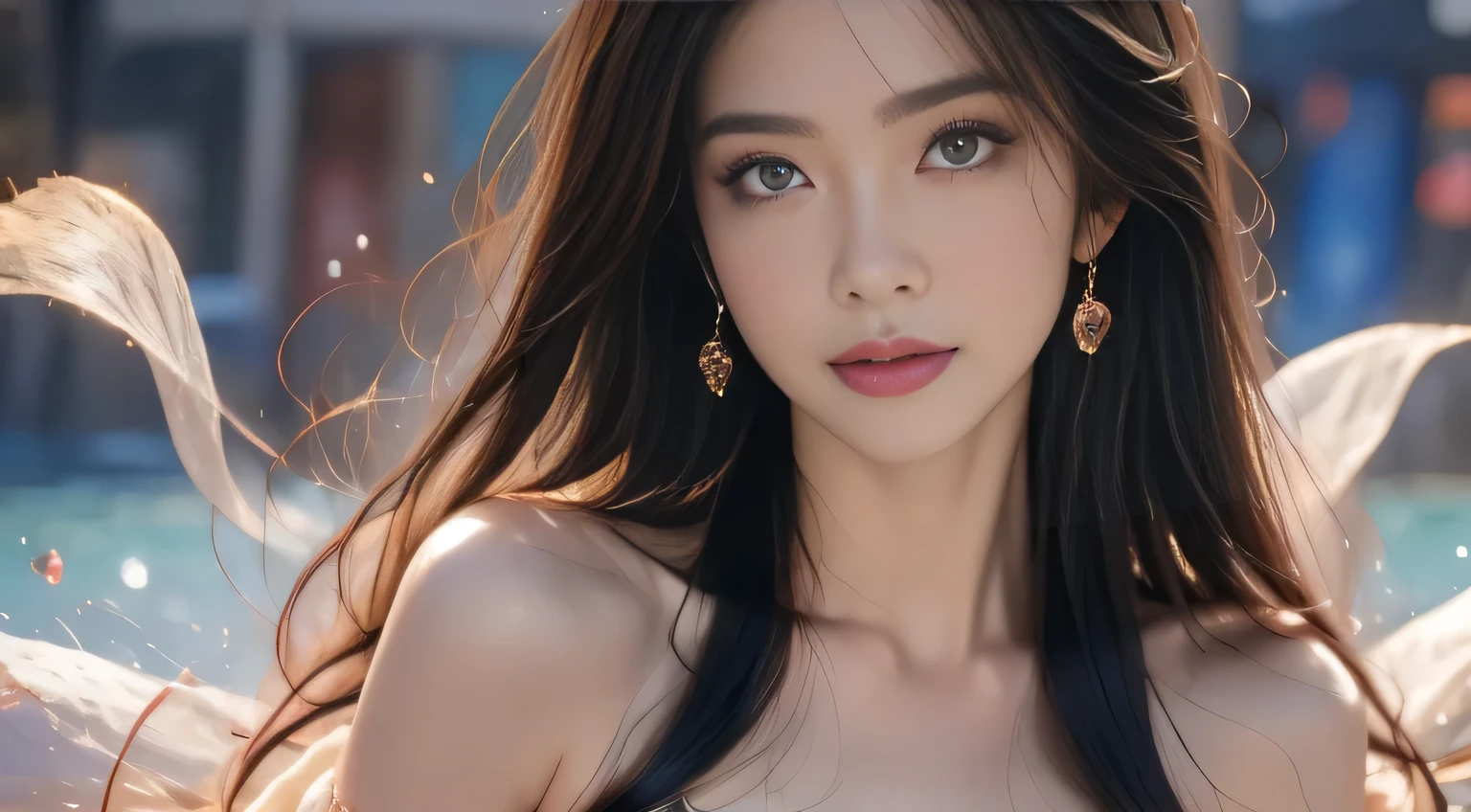 Black Hair, Hair shaking, victory, Long eyelashes, Solid round eye, A faint smile, ears red, direction, Surrealism, shadow, Relief, Stereogram, Standing picture, View, Atmospheric perspective, 8k, Super Detail, precise, best quality,Wear a bikini、anime girl with flowers floating in the water, anime goddess, extremely detailed Type germ, Beautiful charming anime woman, ! dream Type germ, Senna from League of Legends, Ayaka Genshin Impact, Type germ. Anime Illustrations, style of Type germ, Keqing from genshin impact, Lady Palutena, Portrait of zodiac girl knight